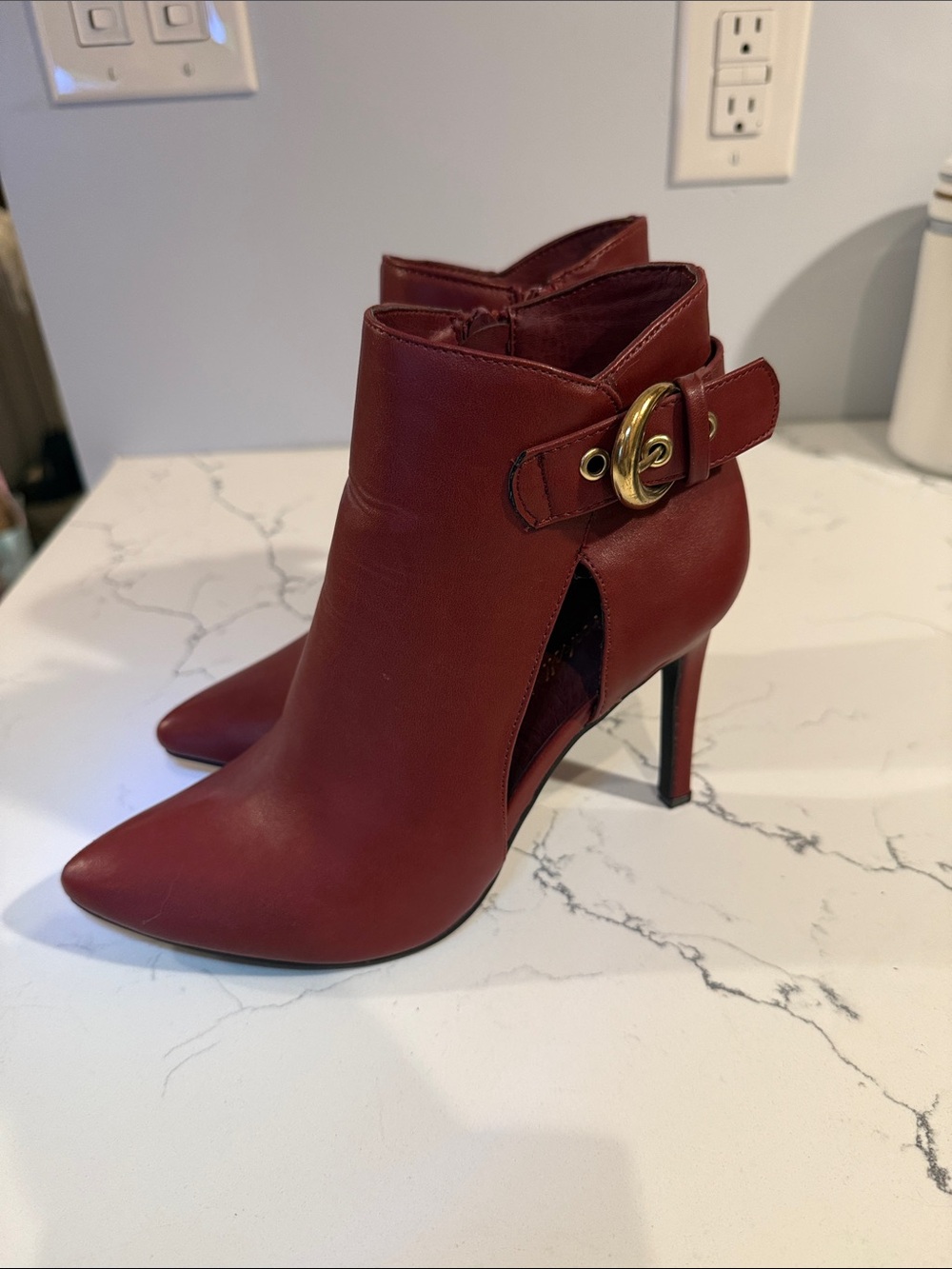 Breckelles Wine Red Pointed Toe Ankle Boot with Gold Buckle